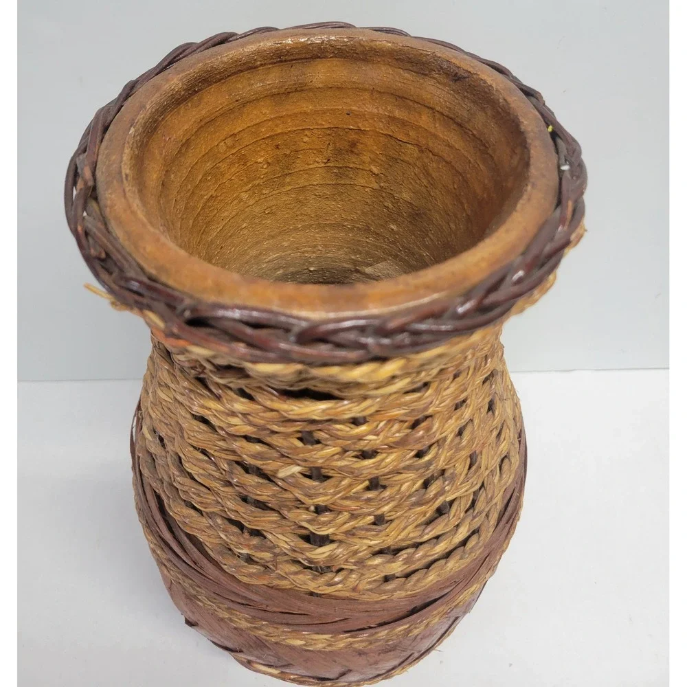 Rustic Woven Seagrass and Bamboo Wrapped Clay pottery. Vase Decorative‎ Urn